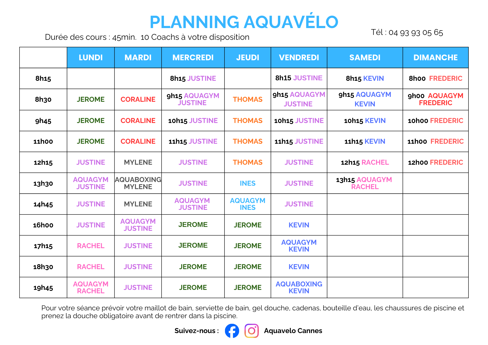 Planning hebdomadaire cours aquabiking aquagym Mandelieu-la-Napoule